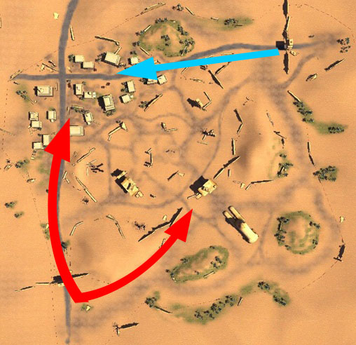 集体抵达箭头所指的前进方向,坐落于地图左半部分是有利于蓝军的地形